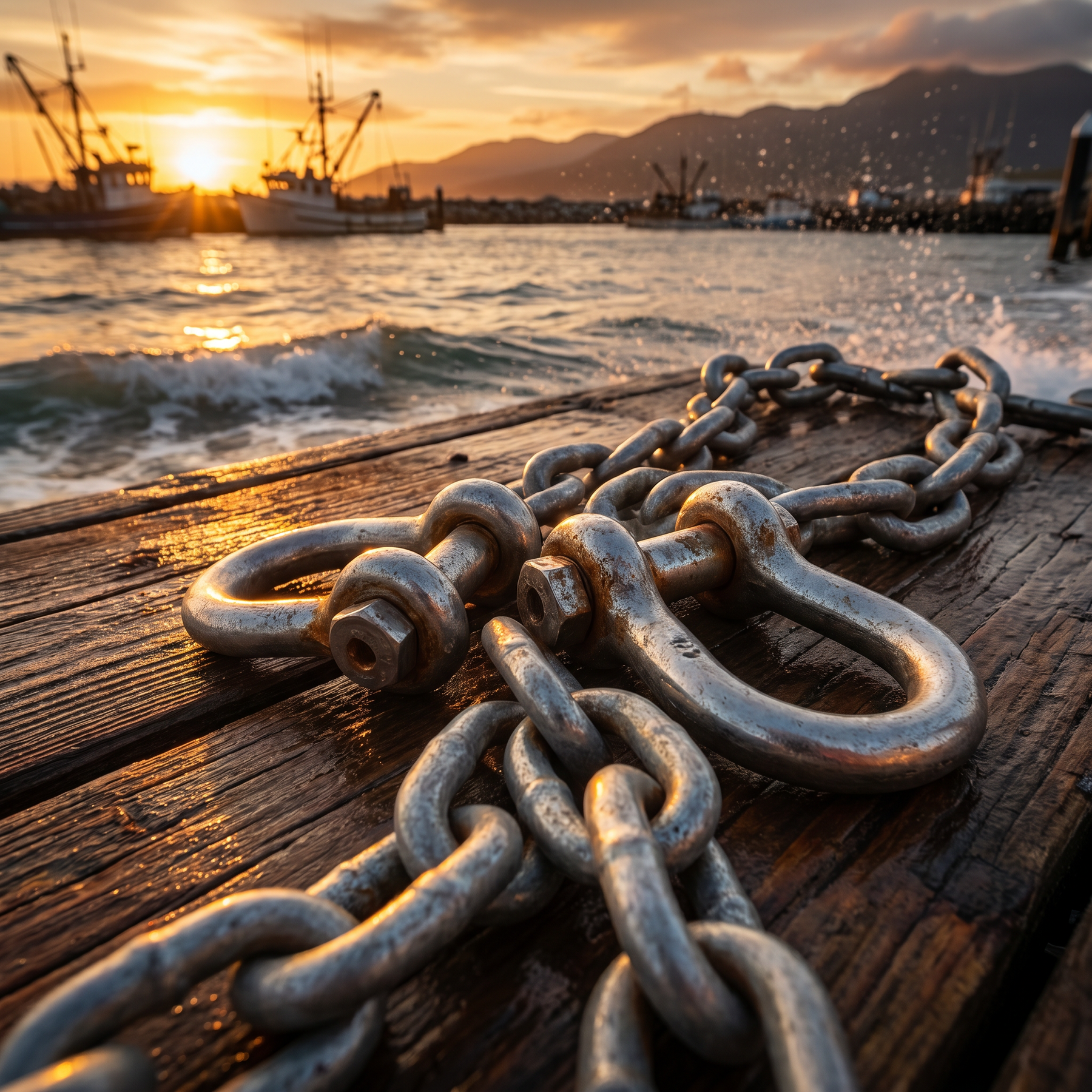 Fondeo Socadin - cadenas y grilletes galvanizados en muelle con barcos pesqueros