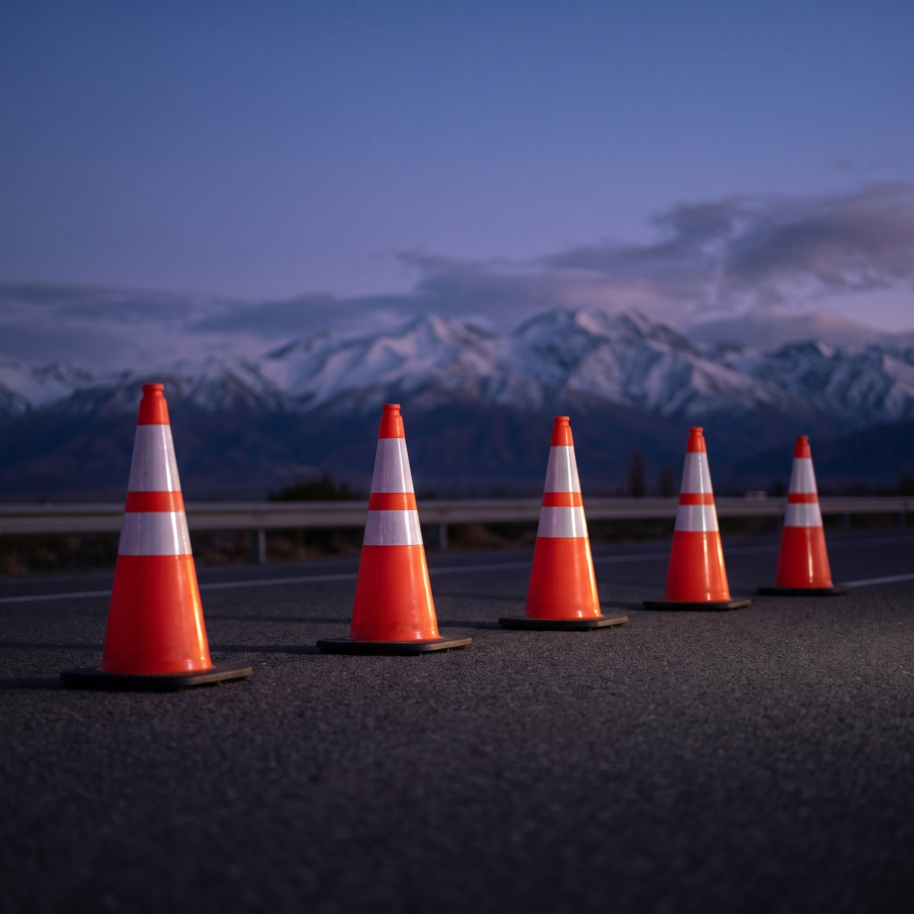 Seguridad Vial - 5 conos viales en carretera con cordillera atardecer
