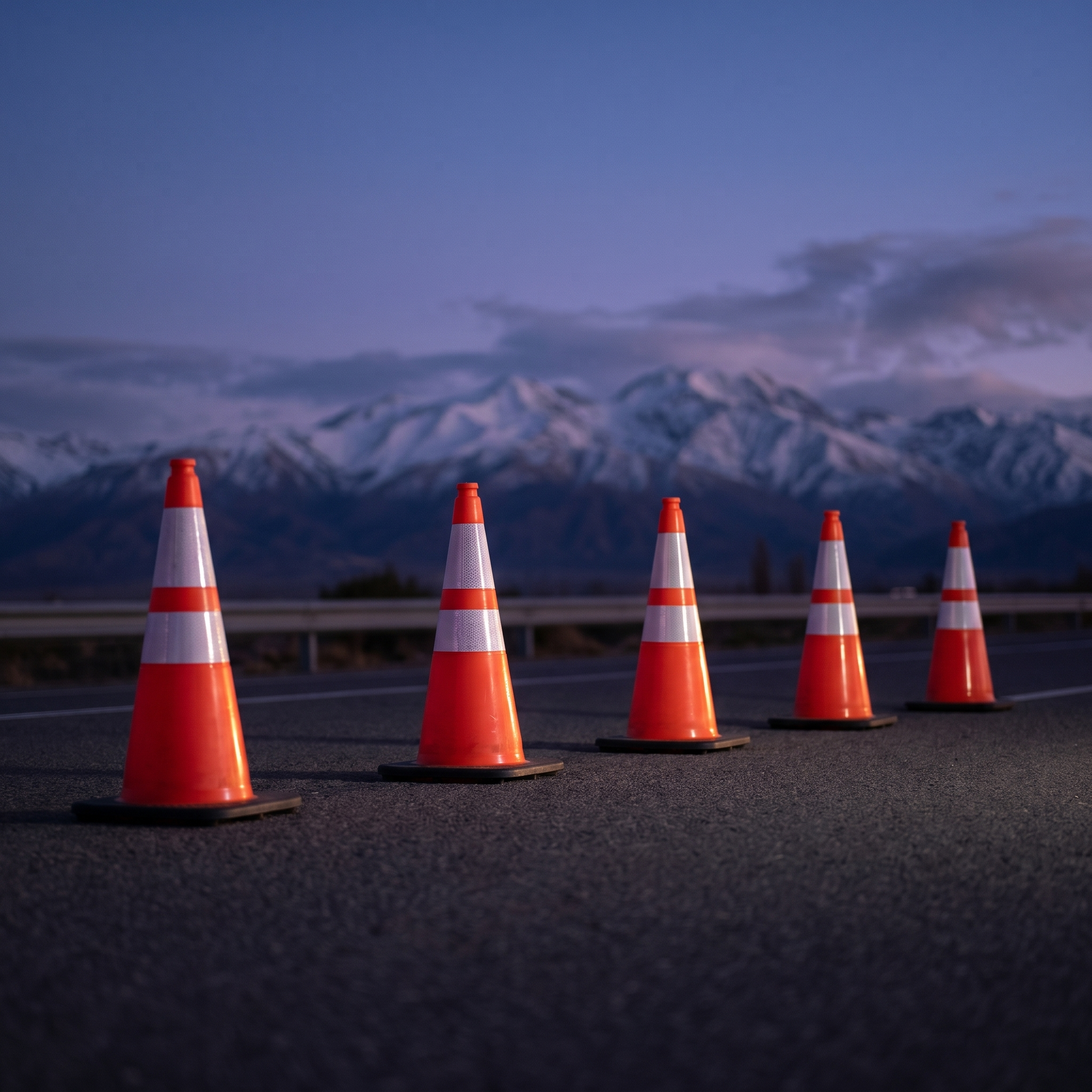 Seguridad Vial - 5 conos viales en carretera con cordillera atardecer