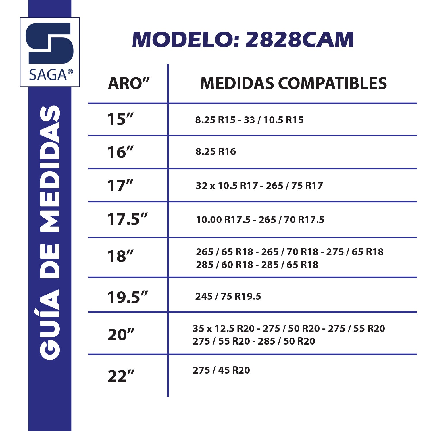 Tabla de medidas cadenas para nieve 2828CAM. Cadenas para la nieve aro 15 16 17 17.5 18 19.5 20 22 Socadin Saga