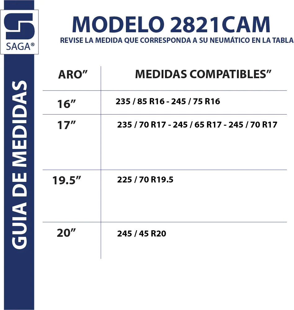 Tabla de medidas cadenas para nieve 2821CAM. Cadenas para la nieve aro 16 17 19.5 20