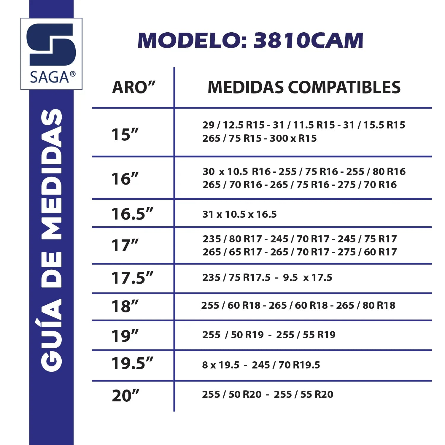Tabla Medidas cadenas para nieve 3810CAM Saga